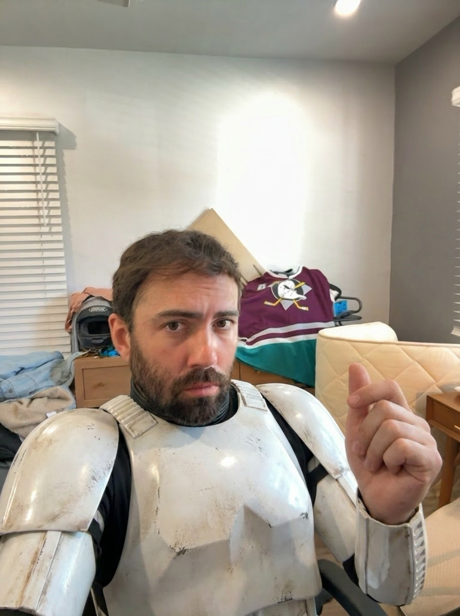 Keep the EXACT same composition, framing, camera angle, body pose, limb positions, and depth of the subject in frame as the input image. Transform the character into: Storm trooper from Star Wars. Replace appearance, costume, skin/fur/material, and facial features to match the new character — but the silhouette, stance, and action must be identical to the input. If the description names a scene or location, transform the background to match it; if no scene is named, keep the original background. The camera angle and subject position in frame must not move. Photorealistic where the new character allows; cinematic detail; no text or watermarks.