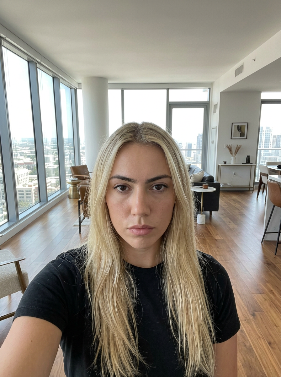 Keep the EXACT same composition, framing, camera angle, body pose, limb positions, and depth of the subject in frame as the input image. Transform the character into: Hot blonde girl, luxury apartment with floor to ceiling windows natural lighting. Replace appearance, costume, skin/fur/material, and facial features to match the new character — but the silhouette, stance, and action must be identical to the input. If the description names a scene or location, transform the background to match it; if no scene is named, keep the original background. The camera angle and subject position in frame must not move. Photorealistic where the new character allows; cinematic detail; no text or watermarks.