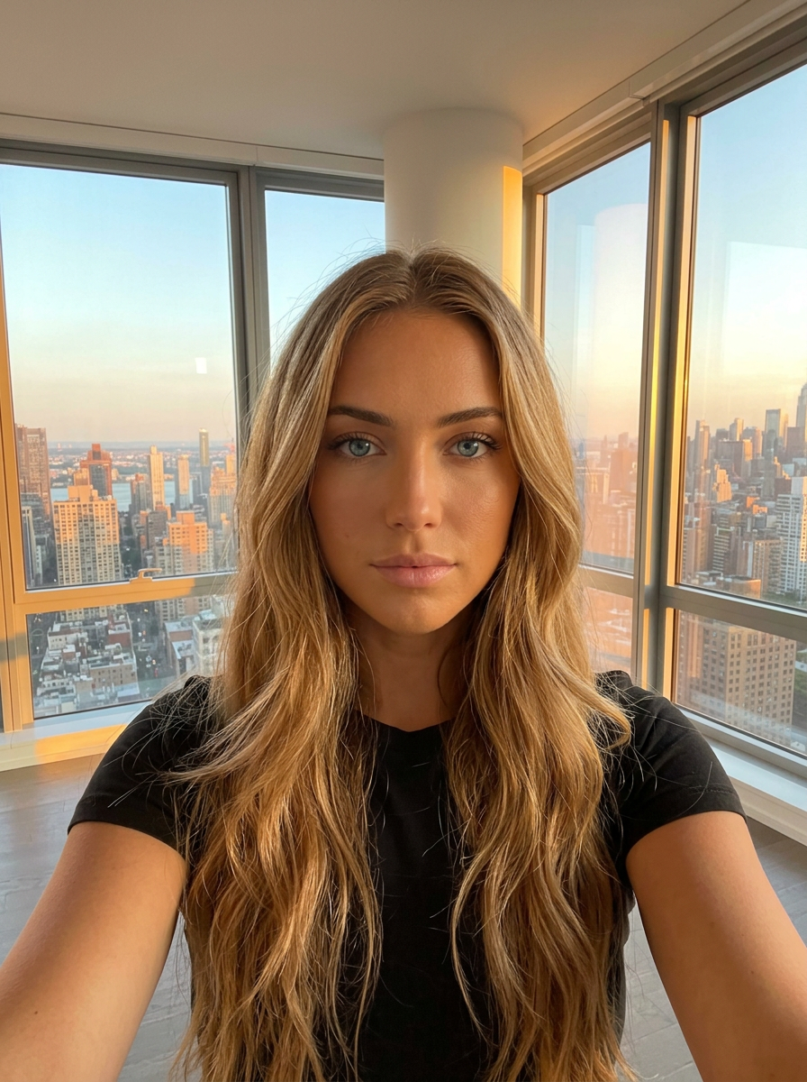 Keep the EXACT same composition, framing, camera angle, body pose, limb positions, and depth of the subject in frame as the input image. Transform the character into: 24-year-old blonde woman with long wavy honey-blonde hair past her shoulders, smooth tan skin, blue eyes, in a luxury Manhattan penthouse with floor-to-ceiling windows showing a sunset cityscape, soft natural golden-hour lighting. Replace appearance, costume, skin/fur/material, and facial features to match the new character — but the silhouette, stance, and action must be identical to the input. If the description names a scene or location, transform the background to match it; if no scene is named, keep the original background. The camera angle and subject position in frame must not move. Photorealistic where the new character allows; cinematic detail; no text or watermarks.