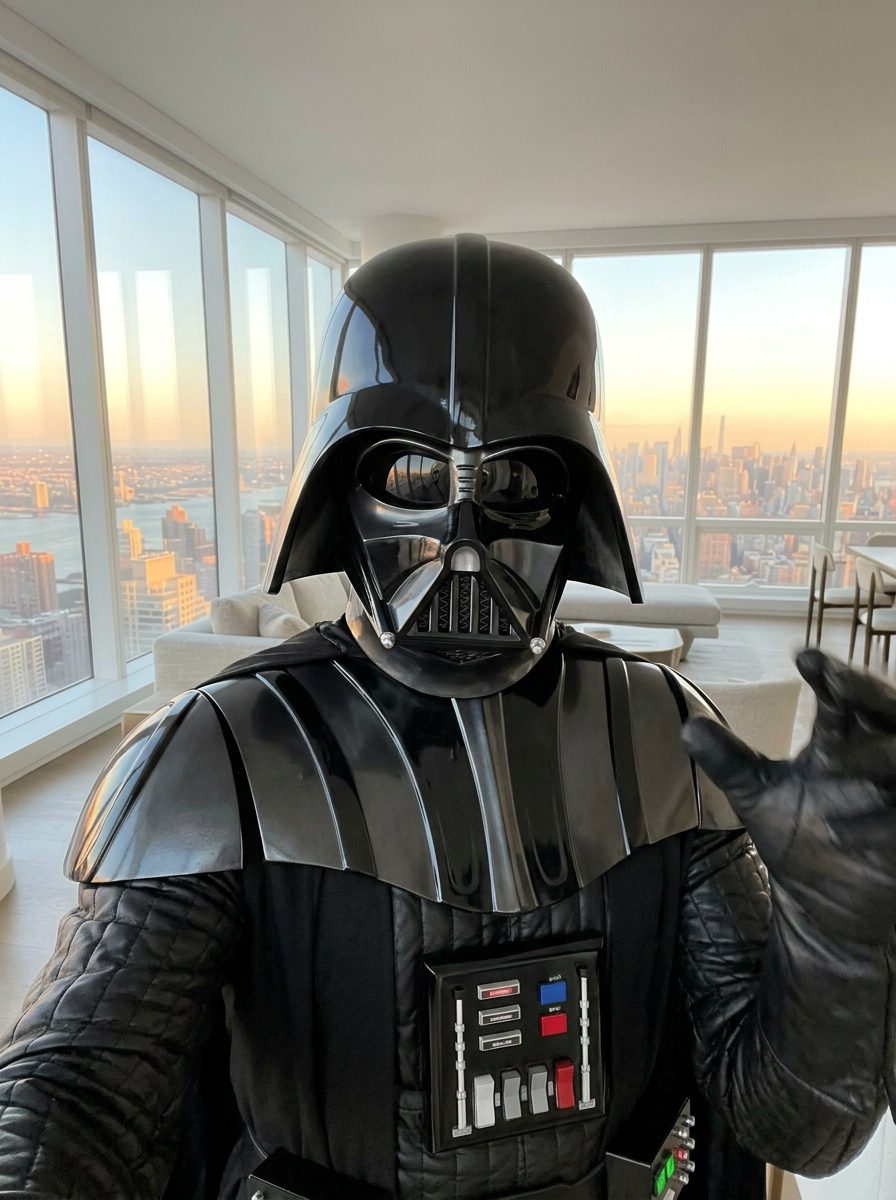 Keep the EXACT same composition, framing, camera angle, body pose, limb positions, and depth of the subject in frame as the input image. Transform the character into: Darth Vader. Replace appearance, costume, skin/fur/material, and facial features to match the new character — but the silhouette, stance, and action must be identical to the input. If the description names a scene or location, transform the background to match it; if no scene is named, keep the original background. The camera angle and subject position in frame must not move. Photorealistic where the new character allows; cinematic detail; no text or watermarks.