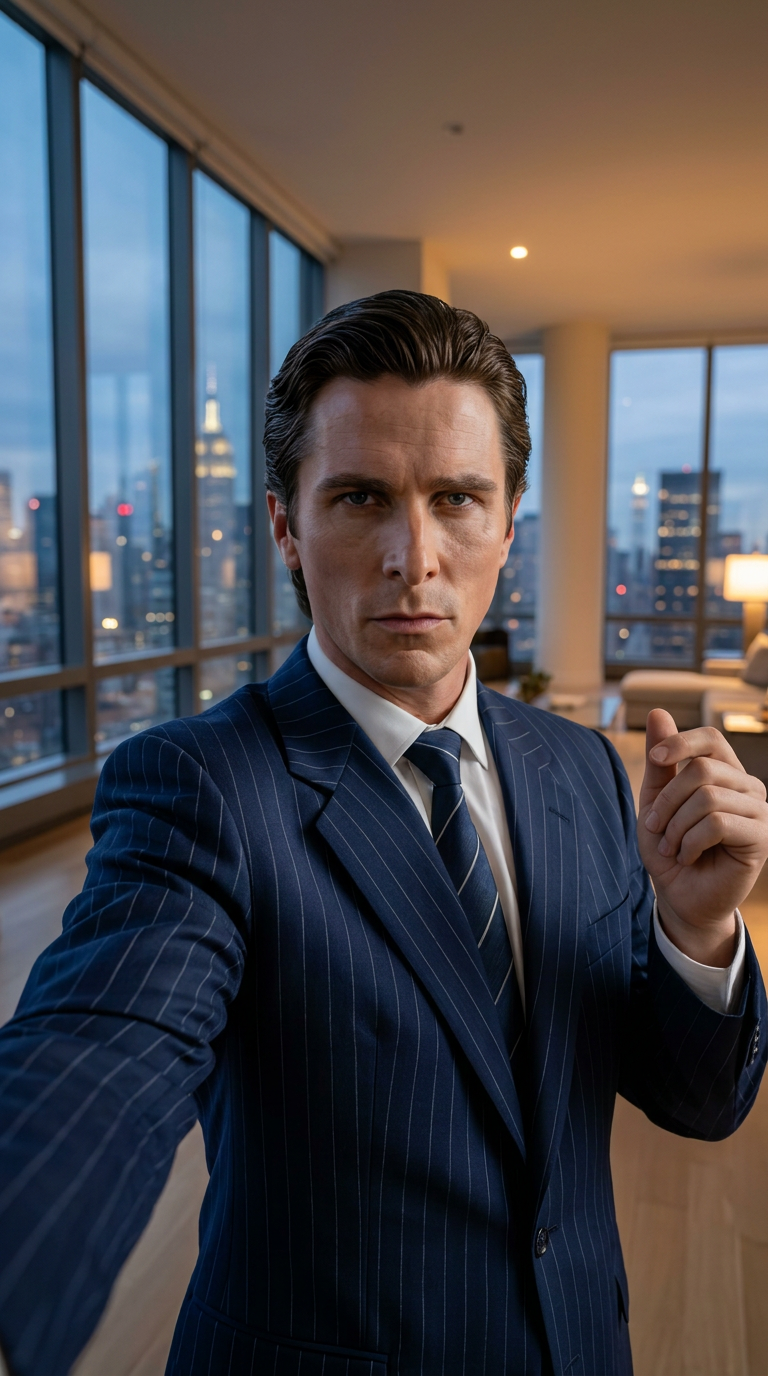 POSE REFERENCE: use the input image strictly as a reference for body pose, limb positions, head tilt, framing, and camera angle. The subject stays in the same position in frame, same stance, same gesture, same depth. Description: Patrick Bateman from American Psycho, sharp navy 90s pinstripe suit, slicked-back dark hair, cold psychopathic stare, NYC apartment. Follow the description above: - If it names a different character, person, or entity to become, FULLY transform the subject into them — replace the original face, hair, body, skin, and clothing with the canonical look of that character. Do not bleed the original face through. - If it asks to keep, preserve, or retain the original subject, honor that. - If it names a specific scene, location, or setting, use that as the background. - If it doesn't name a scene AND the change is a full character transformation, replace the background with this default setting: inside a sleek modern luxury Manhattan penthouse apartment with floor-to-ceiling windows showing the NYC skyline at dusk, warm interior lighting, cinematic depth of field. - If it asks to keep the original background, kitchen, room, or scene, honor that. Photorealistic, cinematic detail, no text or watermarks.